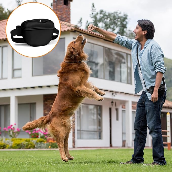 AOMIG Dog Treat Pouch with Training Clicker, 1.67 Cup Silicone Dog Treat Bag with Stronger Magnetic Closure, Portable Pouches for Pet Training Walking Premium Fanny Pack with Waist Belt(Black)