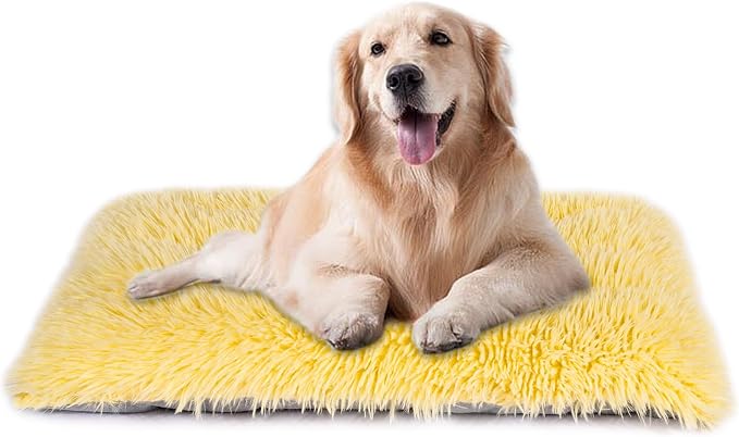 Machine Washable Dog Bed, Deluxe Plush Dog Crate Pad and Cat Bed, Anti-Slip Bottom Kennel Pad Mat, Fuzzy Pet Beds for Large, Medium, Small Dogs Breeds (Light Yellow, 36.0"L x 24.0"W x 3.0"Th x 1 Pack)