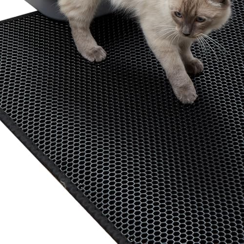 Cat Litter Trapping Mat, 47.2''x27.6'' Extra Large Cat Litter Mat Double Layer Waterproof Proof Litter Box mat, Non-Slip Design, Reduces Litter Scatter, Easy to Clean, Black