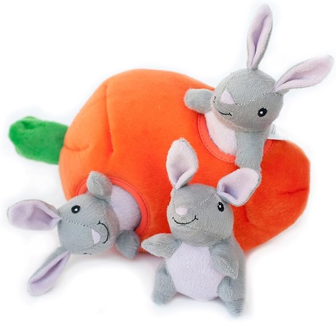 ZippyPaws Burrow- Interactive Dog & Puppy Toys for Boredom, Stimulating Pet Products to Keep Them Busy, Hide & Seek Plush Dog Puzzles, Enrichment Squeaky Toy, for Small & Medium Dogs- Bunny n' Carrot