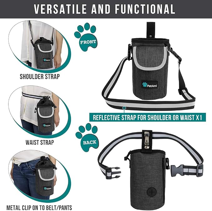PetAmi Dog Treat Pouch, Large Hands-Free Training Bag, Charcoal | Built-In Poop Bag Dispenser, Holds 3 Cups Of Treats, 4 Ways to Wear, D-Ring, Reflective Strap, Dog Treat Bag for Walking