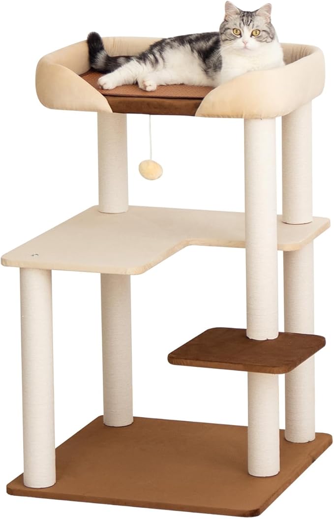 Cat Tree for Large Cats Modern Senior Friendly Wide Shelves 37.4'' | Wide shelves, cotton scratching posts, super sturdy base, cozy perch, interactive toys, luxury fabric