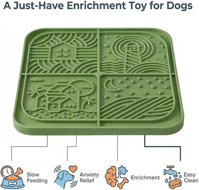 Dog Lick Mat with Suction Cups, 4-Texture Enrichment Slow Feeder for Dogs & Cats, Non-Slip Silicone Licking Pad for Anxiety Relief, Bathing & Training(Green)