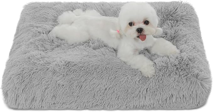 Bedfolks Waterproof Dog Crate Bed, Plush Dog Pad, 17"x12", Solid Light Grey | Faux Fur Plush Cover, Zippered Removable Washable Outer, Waterproof Inner Lining, Non-Slip Base, Crate Pad and Dog Pillow