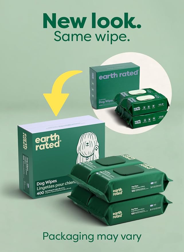 Earth Rated Dog Wipes for Paws & Butt, Deodorizing, Lavender, 400ct | Hypoallergenic, 3-in-1 Cleaning and Hydrating, for Grooming Paws, Body and Butt