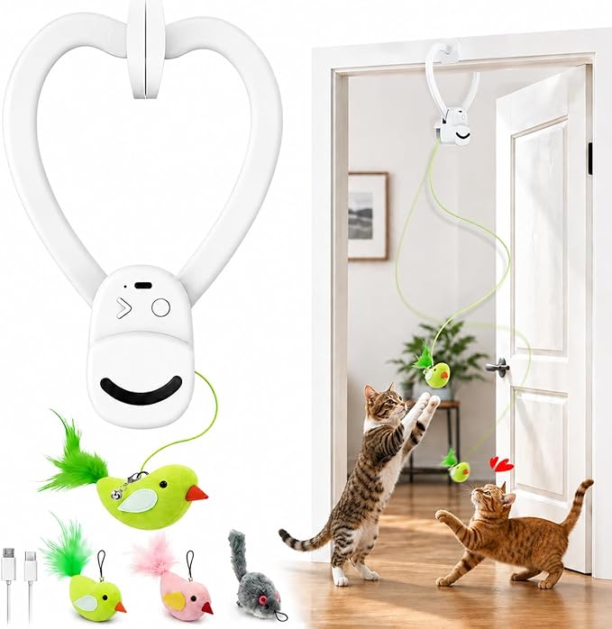 Interactive Cat Toys for Indoor Cats: Automatic Flying Bird Feather Wand Chase Exercise Enrichment Stimulation, USB Rechargeable Durable Safe Hanging Toy for Bored Kittens Adult Multi Cat Households