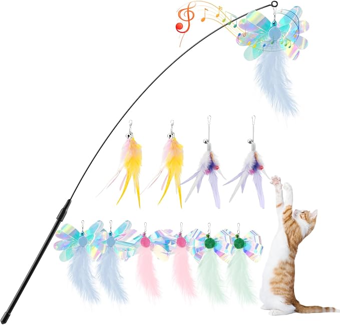 Pawaboo Feather Teaser Cat Toy, Interactive Feather Wands Cats Toy Flying Feathers Cat Catcher with Extra Long 34.5" Wand and Small Bell, Exerciser Playing Toys, 1 Wand + 10 Feathers, Multicolored