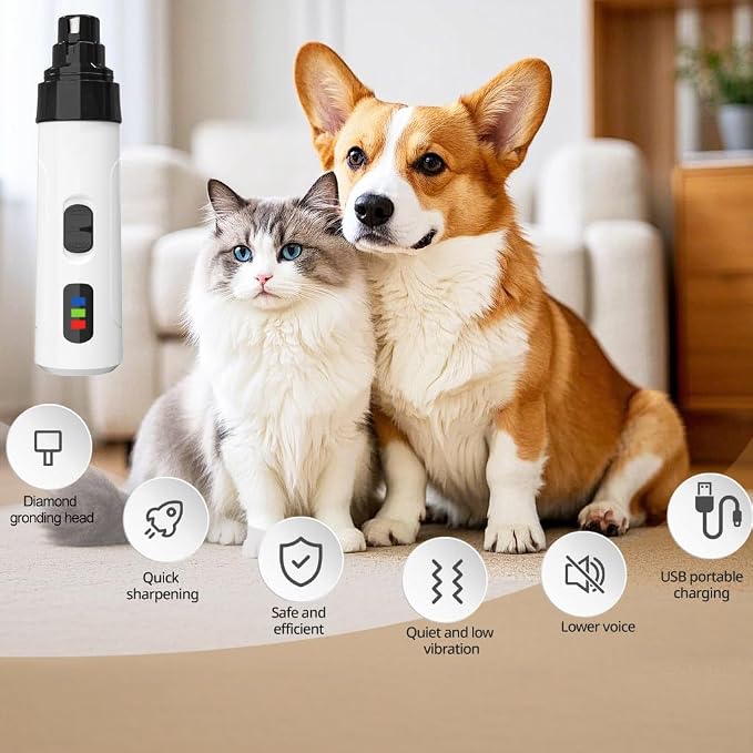 Silent Pet Nail Grinder for Dogs & Cats, 3 Grinding Heads | Professional 2-Speed Rechargeable Dog Nail Trimmer for Small/Medium Dogs & Cats, Painless Paw Grooming