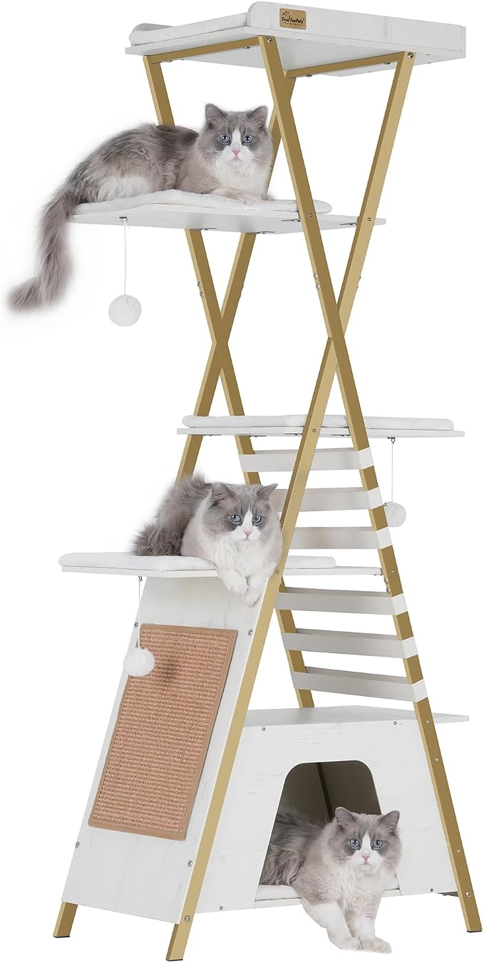 72.4" Cat Tree, Modern Cat Tower for Indoor Cats, Multi-Level Cat Condo with Caves, Tall Cat Tree with Cat Scratching Board, Wooden Cat Tower with Large Perch, Removable Pads, White