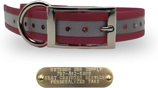 Outdoor Dog Supply 1" Heavy Duty Reflective Waterproof D-Ring Dog Collar for Medium & Large Dogs with 3/4" Custom Brass Nameplate (Reflective Burgundy, 18")