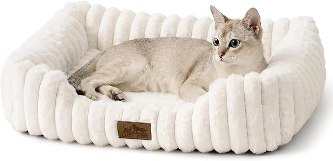 COZY KISS Orthopedic Pet Bed for Small Cats - Washable Rectangle Pet Bed with Anti-Slip Bottom, Soft Calming Cat & Puppy Bed for Indoor Pets (20"x18"x6", Cream)