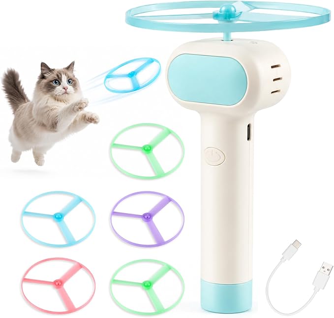 Flying Disc Launcher Cat Toy, Rechargeable Large Capacity & Up to 20m Range | Interactive Cat Fetch Hunting Tracking Toy with 5 Soft & Flexible Discs, Flying Disc Toy for Indoor Bored Kitten & Adult Cat
