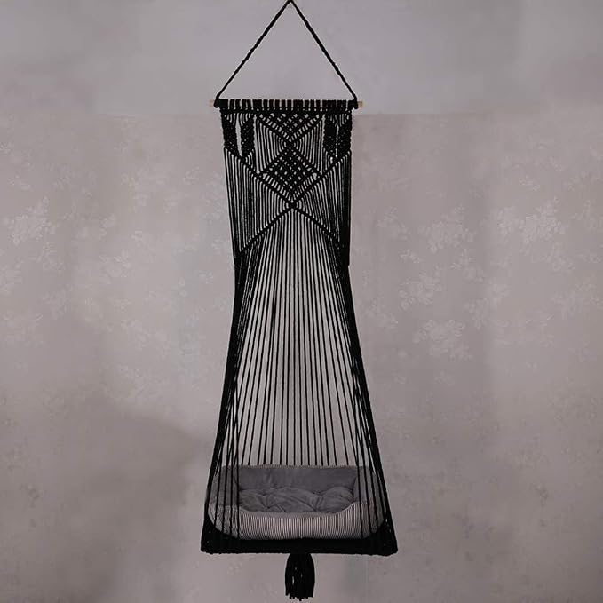 Macrame Hanging Cat Hammock Bed Cat Swing House Space Saving Window Perch with Washed Cotton Cats Toy Tassel Basket Tapestry (Black, Swing Bed+Cushion, XL)