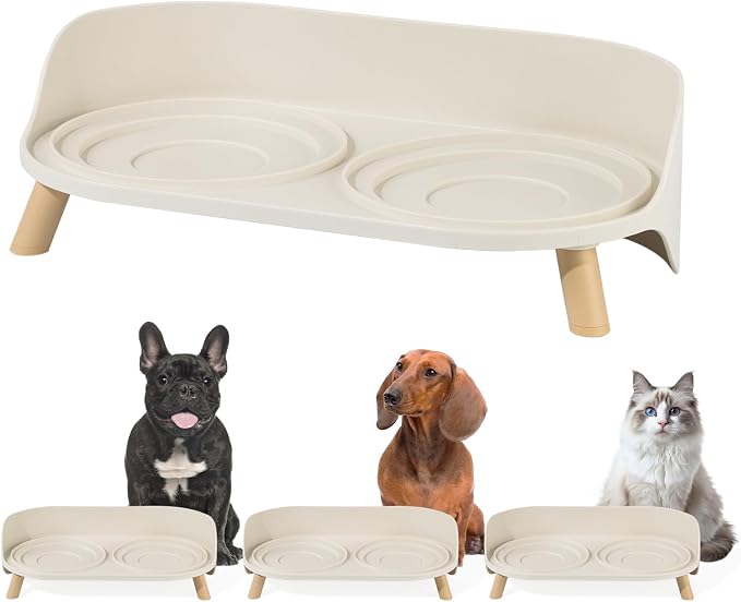Raised Dog Feeder Bowl Stand (Without Bowls), Fits Dish up to Φ 6" | Spill Proof Elevated Dog Food Stand, Double 3 Diameters Pet Food Holder for Small and Medium Breeds and Cats, White