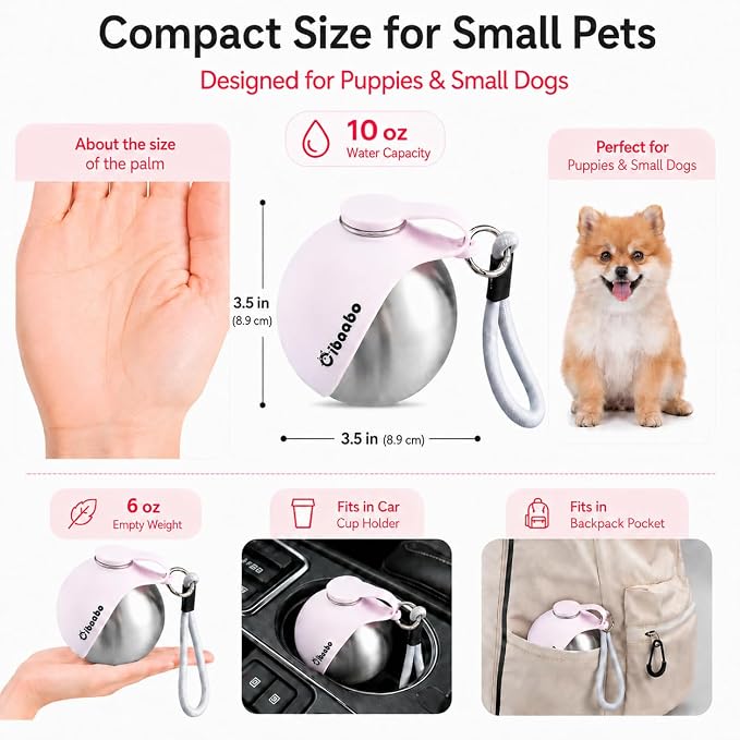 Cibaabo 2 in 1 Portable Dog Water Bottle with Bowl, 10 oz Stainless Steel No-Spill Travel Pet Water Dispenser with Collapsible Silicone Bowl for Small Dog & Puppy Walking Hiking Outdoor