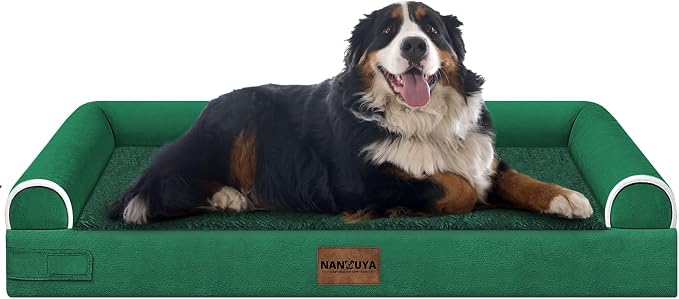 NANUYA Orthopedic Dog Bed for Jumbo Dogs, 53 x 42 Inch, Emerald | Egg crate foam for joint support, 3-sided bolster pet sofa, waterproof lining, washable cover, and non-skid base