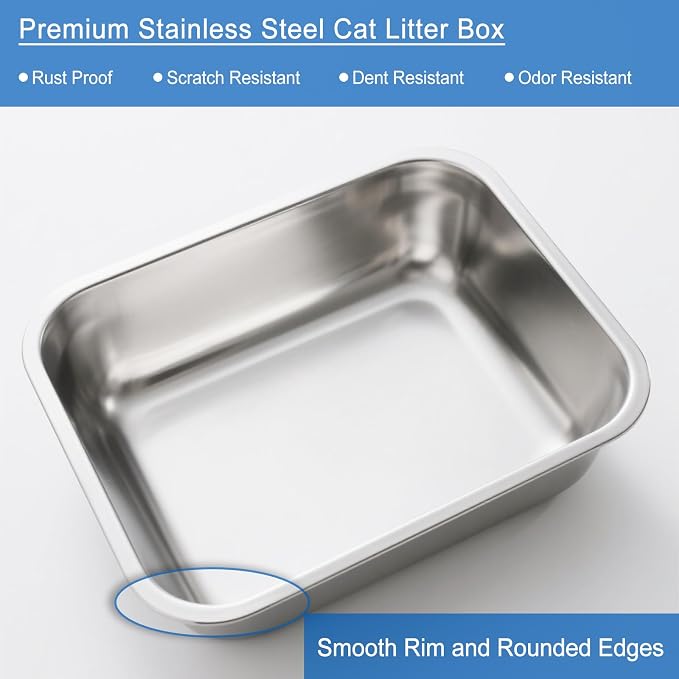 2 Pack Stainless Steel Cat Litter Box Large Metal Litter Pan Tray High Sided Cat Box, Pet Toilet Supplies for Indoor Cats Kitten Rabbit - Non Stick, No Smell, Easy to Clean - 17.72x13.78x5.91 Inch