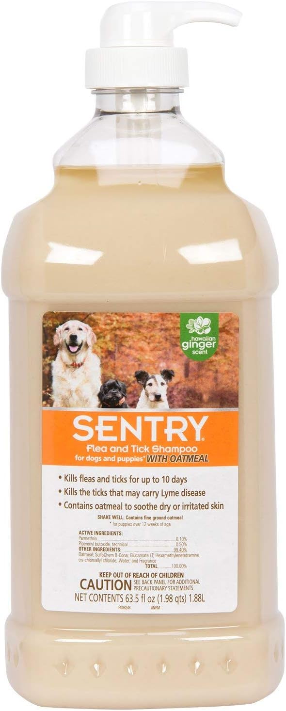 SENTRY Oatmeal Flea and Tick Shampoo for Dogs, Rid Your Dog of Fleas, Ticks, and Other Pests, Hawaii Ginger Scent, 63.5 oz | Ideal for Dogs with Sensitive Skin; Kills Fleas & Ticks for 10 Days; for dogs 12 weeks+; Family-Size 64 oz Bottle