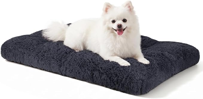 JOEJOY Dog Bed Crate Pad, Deluxe Plush Washable Dog Beds Fulffy Soft Kennel Pad Anti-Slip Pet Sleeping Mat for Small Dogs, 23" x 18", Dark Grey