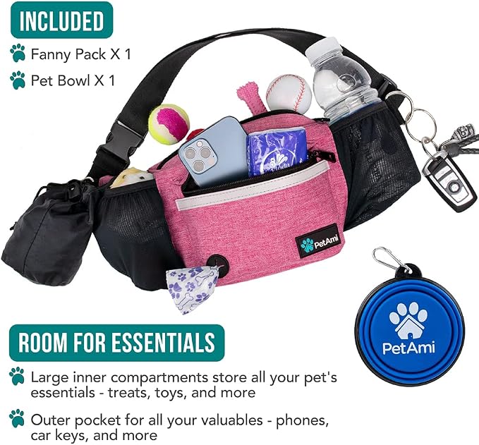 PetAmi Dog Fanny Pack, Treat Pouch for Dog Walking Training, Pink | Built in Poop Bag Dispenser, Water Bottle Holder, Collapsible Bowl, Pet Treat Waist Belt for Hiking Running Kibbles