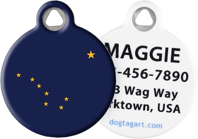 Alaskan State Flag Personalized Pet ID Tag for Dogs and Cats, Silent Polymer Coated Stainless Steel Alaska Nametag with Customized Identification Information - Large 1.25" Diameter