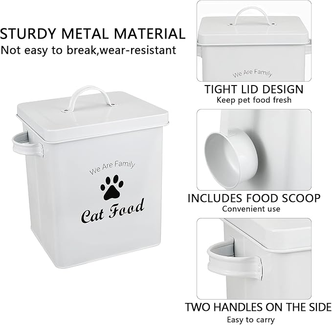 Geyecete Pet Treat and Food Storage Tin with Lid - 5lbs Capacity - Serving Scoop Included … -CAT