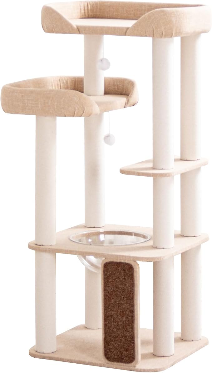 53'' Cat Tree for Large Cat, Modern Senior Friendly Cat Tower with Wide Shelves Low Step, Cotton Scratching Posts, Super Sturdy Base, Cozy Perches, and Interactive Toys (Ivory)