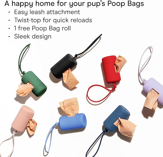 Wild One Dog Poop Bag Holder and Dispenser with Leash Attachment, Leak Proof, Easy Twist Top for Refills, Includes 1 Roll Bags, Spruce