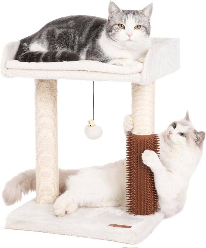 Cat Scratching Post Small Cat Tree with Cat Self Groomer, 15.7x13.7” Wide Top Bed, Natural Scratch Post and Danging Ball Great for Kittens and Average Indoor Cats-Medium Beige