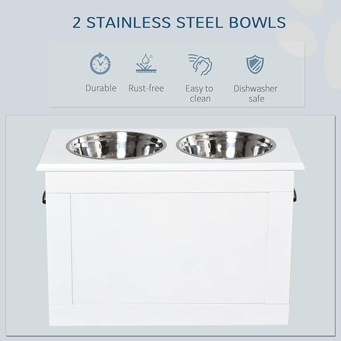 PawHut Raised Pet Feeding Storage Station for Large Dogs, White | with2 Stainless Steel Bowls Base for Other Large Pets