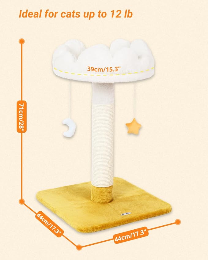 Tall Cat Scratching Post with Large Bed, Thick Posts with Toys | 28" Tall For Large Cats, Easy To Clean, Cloud-Shaped Soft Perch, Removeable Cover, Stable Cat Stand, Bonus Catnip
