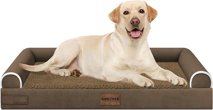 NANUYA Orthopedic Dog Bed for Large Dogs, 38 x 25 Inch, Dark Coffee | Egg crate foam for joint support, 3-sided bolster pet sofa, waterproof lining, washable cover, and non-skid base
