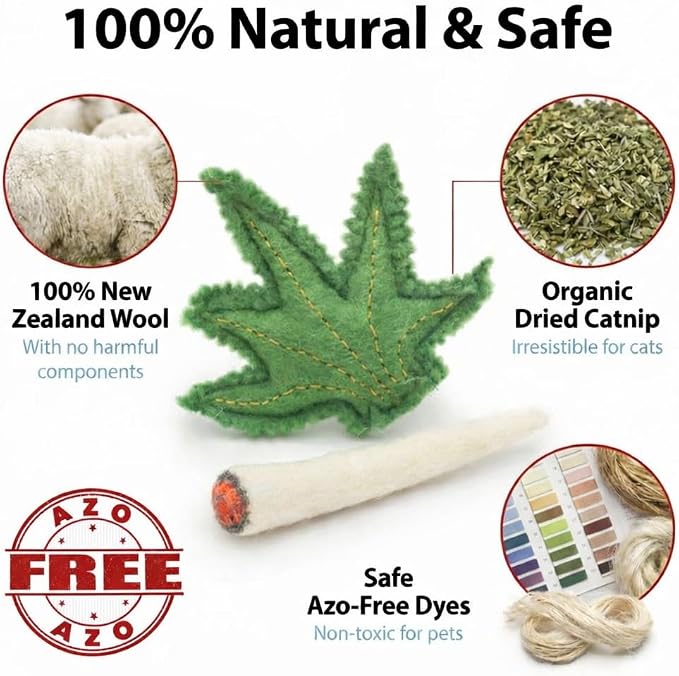 Glaciart One Catnip Joint & Leaf Cat Toy Set | Crack for Funny Kittens, Stimulating Toys for Boredom, Exercise & Play | Filled w/Organic Catnip to Excite/Calm Kitty | Organic Idea