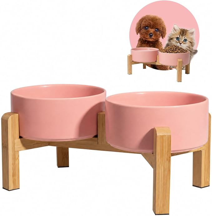 Elevated Ceramic Dog Bowl Set - Raised Feeding Bowls with Non-Slip Bamboo Stand - Small Pet Dishes for Food and Water - Ideal for Cats and Puppies - 16.23 OZ - 2 Cups - 480 ML