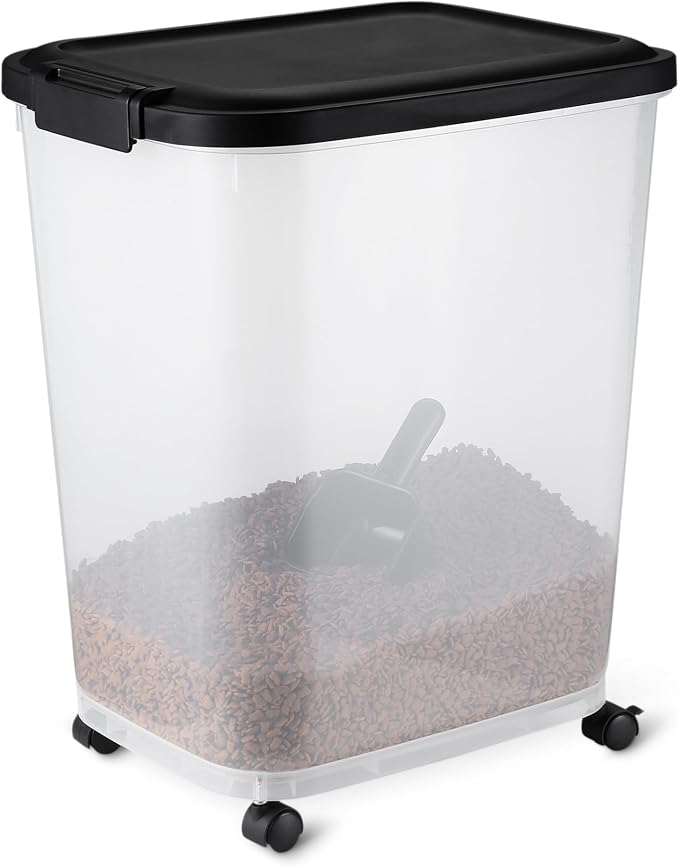 Amazon Basics Pet Food Storage Container with Wheels, BPA-Free, Detachable Scoop, 30lbs Capacity, Reliable Seal