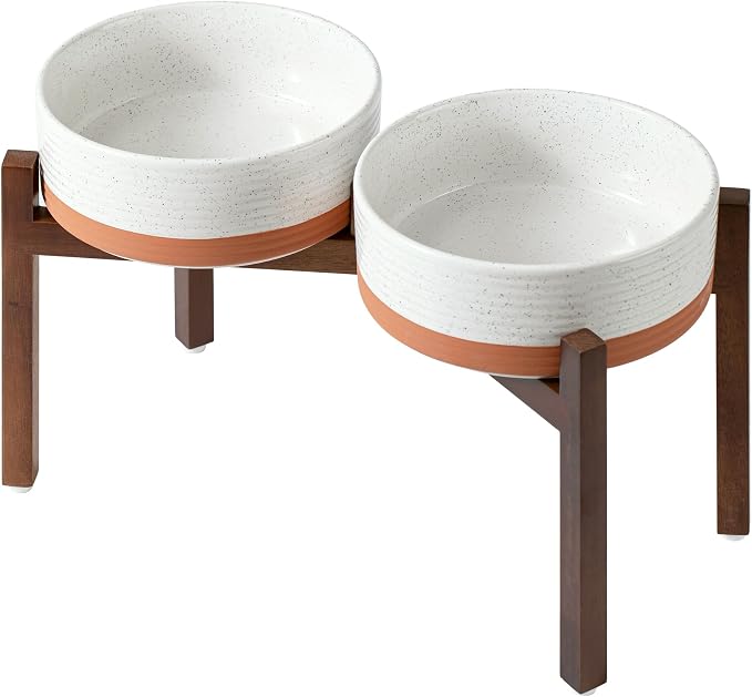 Havniva 8.2" Elevated Dog Bowls Ceramic Raised Dog Bowl with Non-Slip Stand (Acacia Wood) Weighted Dog Food & Water Bowl for Large Breed Dogs - 7.6 Cups 60 oz