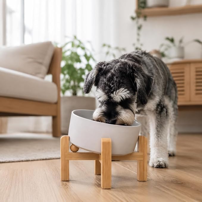 hjn Elevated Ceramic Dog Bowl 15°Slanted Raised Dog Bowl with Bamboo Stand for Small Medium Dogs and Cats, Pet Feeder-3.6-Cup (850ml)-Gray