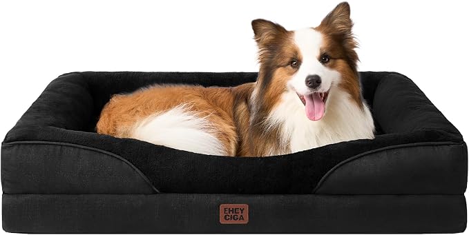 EHEYCIGA Orthopedic Dog Bed for Large Sized Dog, 41x27 Inch Large Memory Foam Dog Couch Bed with Sides, Waterproof Liner & Washable Removable Cover, Bolster Pet Sofa, Black