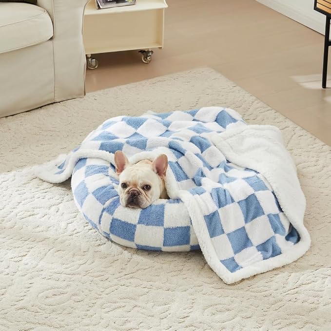 Ohocut Checkered Dog Blanket, Blue Jacquard Sherpa Blanket for Small Dog and Cats, Cute Aesthetic Style Fluffy Fleece Pets Blanket for Couch Protection Washable, 25"x35"