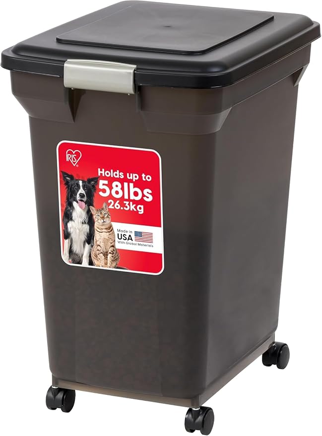 IRIS USA Dog Food Storage Container, Up to 58 lbs, Smoke Black, Made in USA | Wheels for Mobility, Airtight Seal, BPA-Free, Best for Bird Seed, Cat food, Cat Litter, Chicken Feed, Pellets