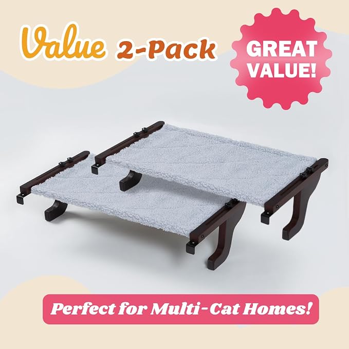 Zakkart 2-PC Easy Seat Cat Perch for Windowsill (Dark Stained Wood/Gray, M) | Value 2-PC for Multi-Cat Home, Hook-On Windowsill Mount, Premium Wood & Robust Metal Frame, Hold up to 40 lbs, 23"W x 14"D