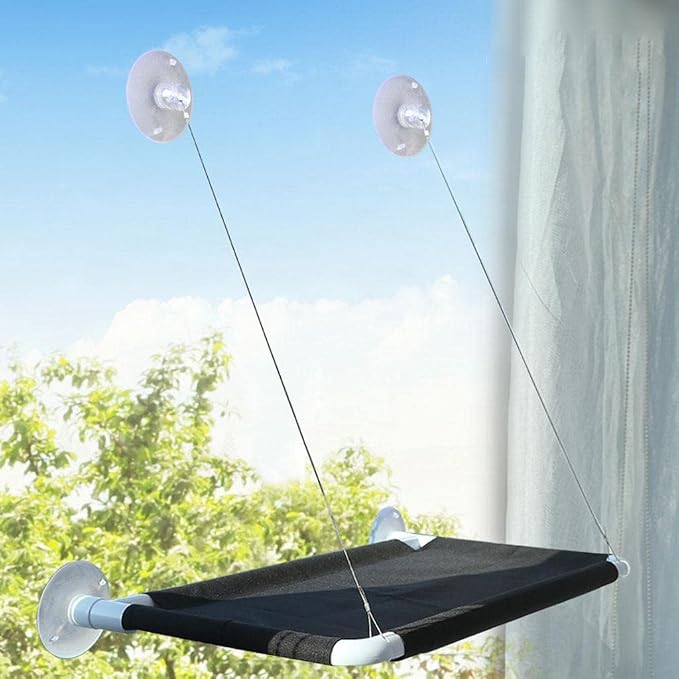 Cat Hammock Window Seat Mesh Shelf Indoor Cat Perch Rugged Hanging Bed Removable Quick Sturdy Suction Cups Suitable for Window Use, Black