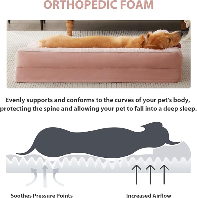 BFPETHOME Orthopedic Washable Dog Bed, Sleeping Couch for Large Senior Dogs | Deluxe Plush Rose Velvet Washable Cover, Egg Crate Foam Support, Waterproof Lining, Non-Slip Bottom, Senior Dogs