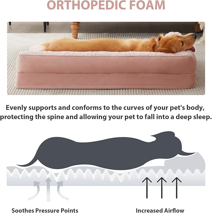 BFPETHOME Orthopedic Washable Dog Bed, Sleeping Couch for Large Senior Dogs | Deluxe Plush Rose Velvet Washable Cover, Egg Crate Foam Support, Waterproof Lining, Non-Slip Bottom, Senior Dogs