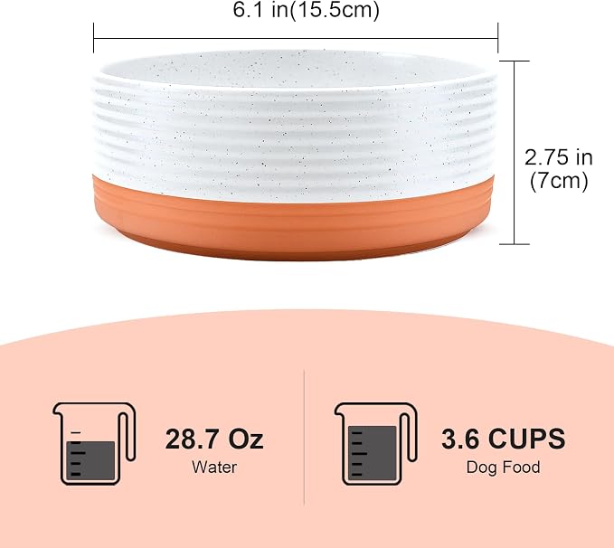 SPUNKYJUNKY Ceramic Dog and Cat Bowls 2 Pack, 6.1'' Dog and Cat Food Water Double Feeding Bowls Non-Slip for Cats and Medium Sized Breed Dogs Microwave Dishwasher Safe - 28.7 OZ, 2pcs, Pattern White