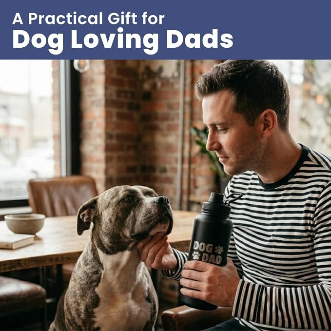 Dog Dad Water Bottle – 32 oz Stainless Steel Double Wall Insulated with 8 oz Detachable Bowl on Bottom – Cool Dog Dad Gifts for Father's Day, Hiking, Walking, Travel & Everyday Adventures – DD Black