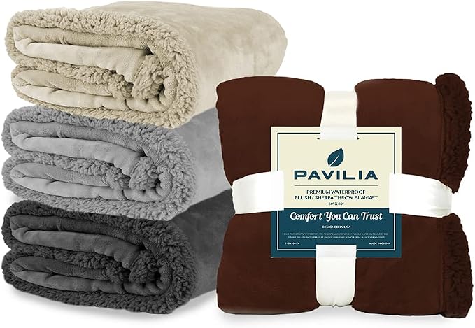 Pavilia Waterproof Couch & Dog Blanket | Plush Soft Warm Fuzzy Sherpa, Brown, 90x90