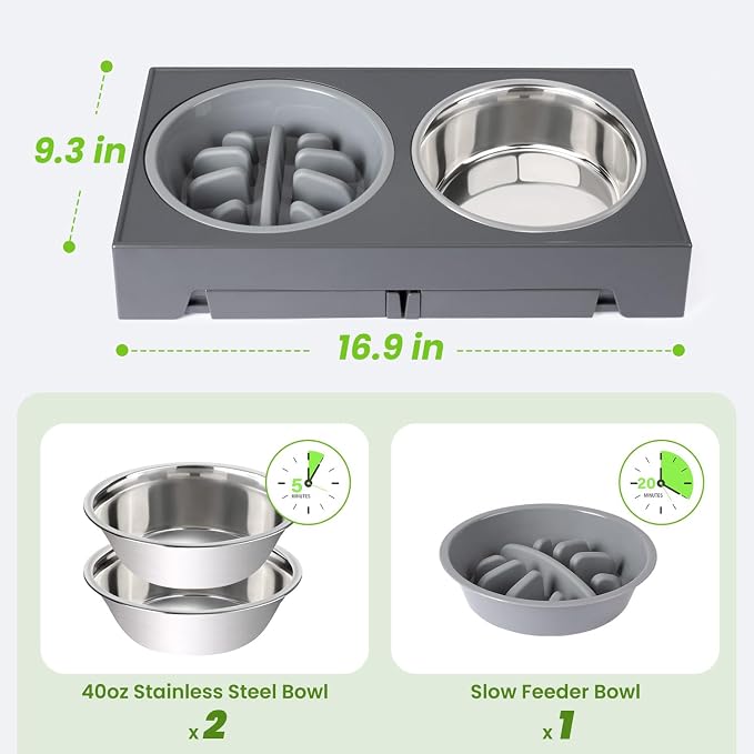 Elevated Dog Bowls with 5 Adjustable Heights Stand | 2 Stainless Steel Bowls, 1 Slow Feeder, 3.2" to 12.2" Hegiht Raised Dog Bowl for Small to Large Dogs