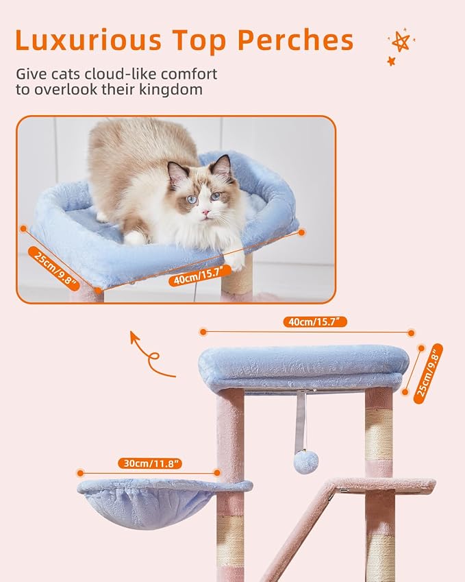 Taoqimiao Cat Tree, 38.5In Cat Tower for Indoor Cats, Suitable for Kittens | Thick Padded Top Perch, Luxurious Cat Condo, Adjustable Basket, 1-Piece Ramp Scratcher, 3 Sisal Posts, Pink&Blue, MS029SPB