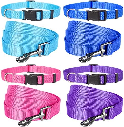 Weewooday 8 Pieces Dog Collar and Leash Set Nylon Adjustable Dog Collars and Leash Personalized Puppy Supplies for Small Medium Large Pet Walking Training, 4 Colors
